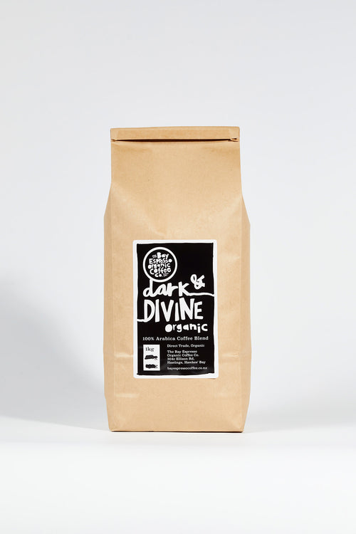 A bag of Bay Espresso Dark and Divine organic coffee