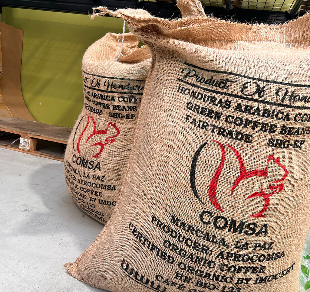 Sacks of organic green coffee beans from Honduras